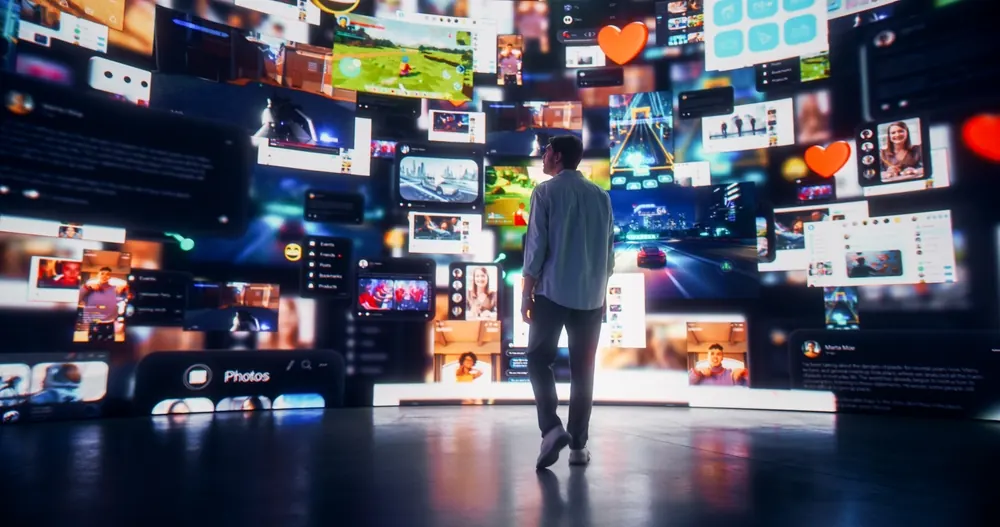 Shopper walking past digital storefront screens